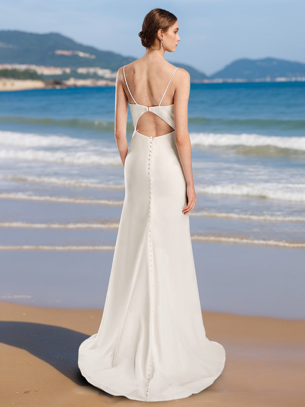 Robe de mariée trapèze/princesse, fines bretelles, sans manches, longueur sol, fente latérale