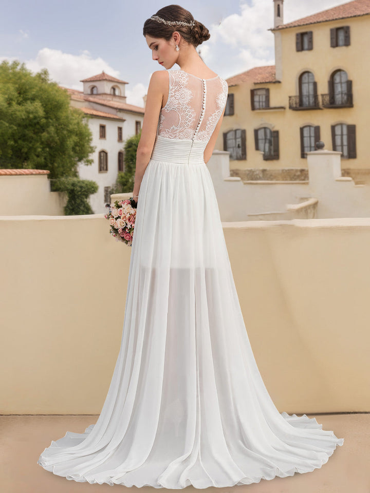 Robe de mariée trapèze/princesse, col rond, sans manches, asymétrique, appliques dentelle