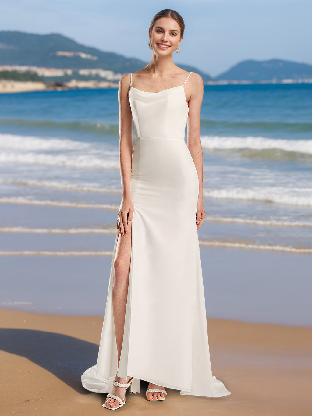 Robe de mariée trapèze/princesse, fines bretelles, sans manches, longueur sol, fente latérale