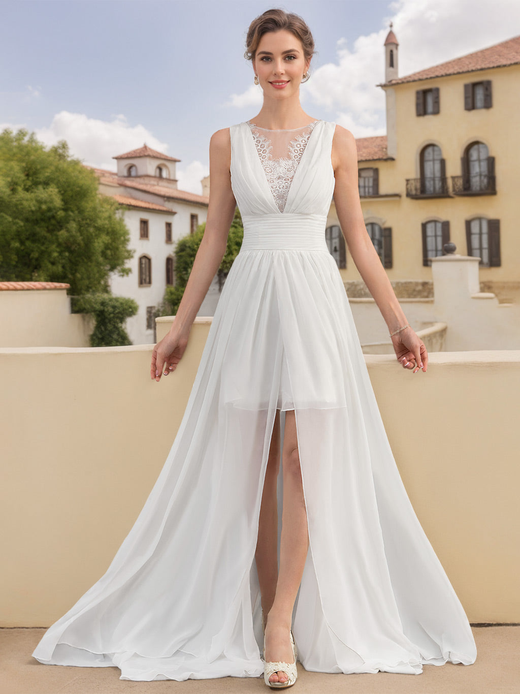 Robe de mariée trapèze/princesse, col rond, sans manches, asymétrique, appliques dentelle