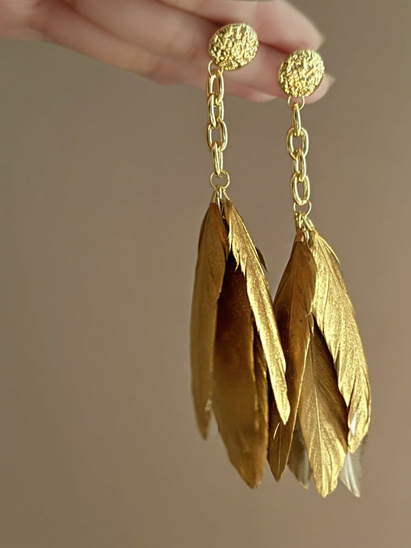 Boucles D'Oreilles Rondes en Forme D'Aiguille en Argent avec Plumes Rétro pour Femmes