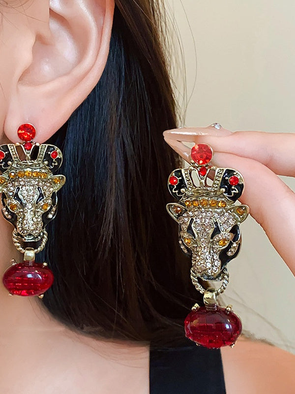 Boucles D'Oreilles Couronne de Tête de Tigre en Diamant Boucles D'Oreilles Rétro de Luxe Légères Haut de Gamme