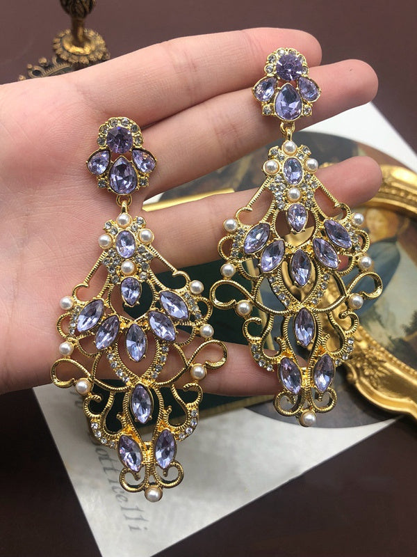 Boucles D'Oreilles à Épaules Légères en Plaqué Or avec Pierres Précieuses à Motif Creux Sculpté