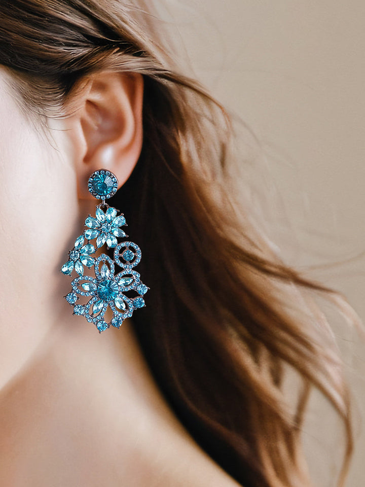Boucles D'Oreilles de Luxe Haut de Gamme en Forme de Fleur de Diamant Bleu Européen et Américain pour Femme