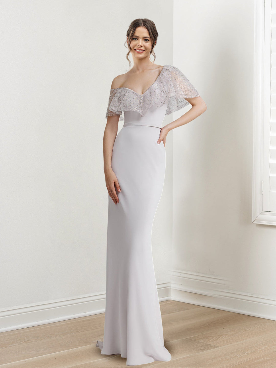 Robe de Soirée Longue Fourreau/Colonne à Épaules Dénudées et Manches Courtes avec Paillettes