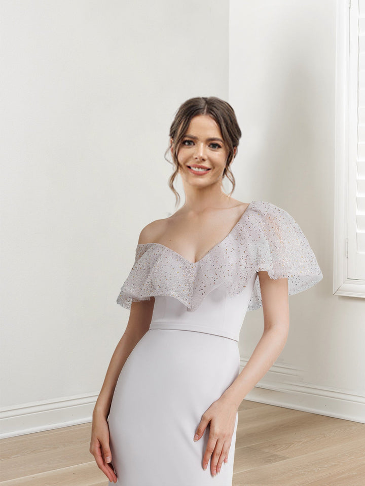 Robe de Soirée Longue Fourreau/Colonne à Épaules Dénudées et Manches Courtes avec Paillettes