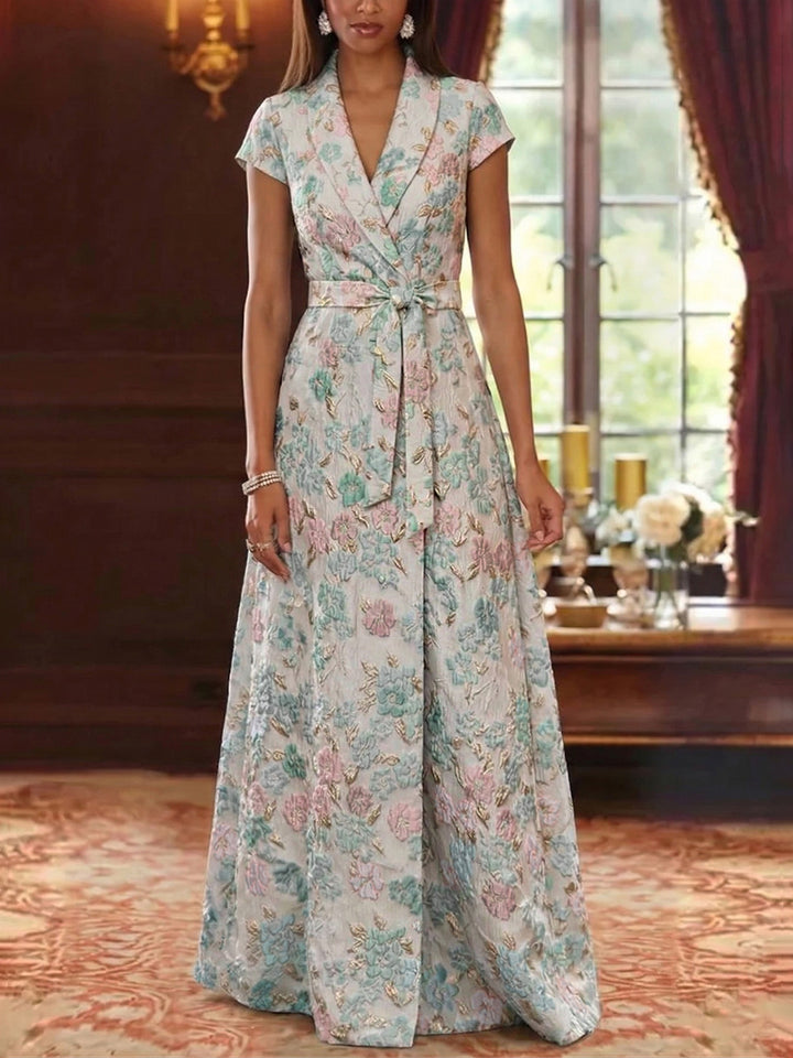 Robe mère de la mariée ligne A, jacquard col V, imprimé floral, manches courtes, longueur sol, ceinture
