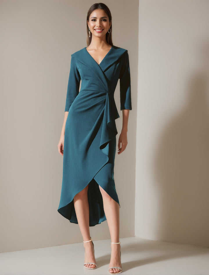 Robe de Mère de la Mariée Asymétrique à Volants, Coupe A-Line/Princess, Col en V, Manches 3/4