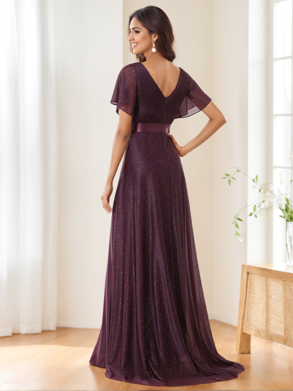 Robe de Soirée Élégante et Scintillante à Col en V et Manches Courtes, Coupe A-Line/Princess