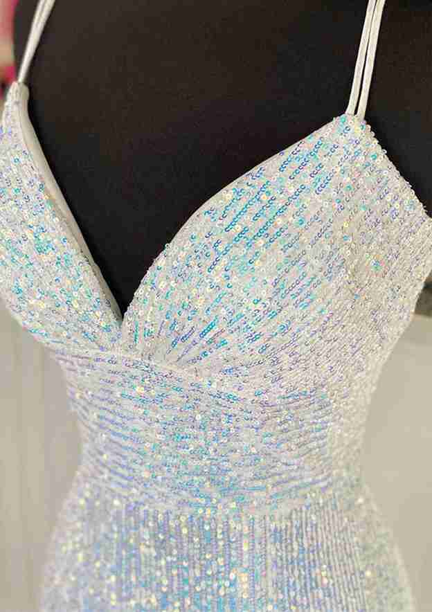 Robe de Bal Longue Fourreau/Colonne à Col en V et Bretelles Spaghetti, Longueur Au Sol, avec Plis