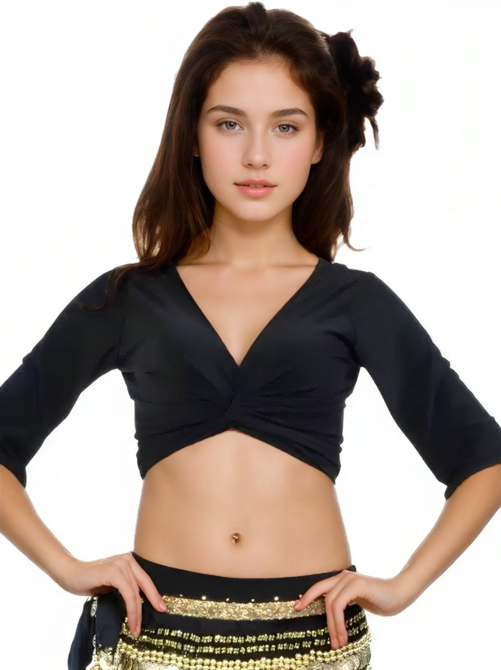 Costume de Danse Du Ventre à Col en V et Manches 3/4 en Coton Froncé avec Haut Court