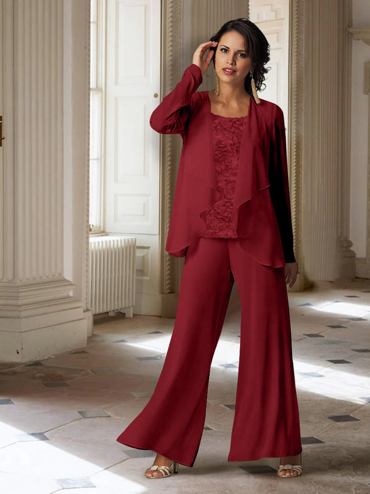 Tailleur-Pantalon en Mousseline à Manches Longues pour Mère de la Mariée avec Veste