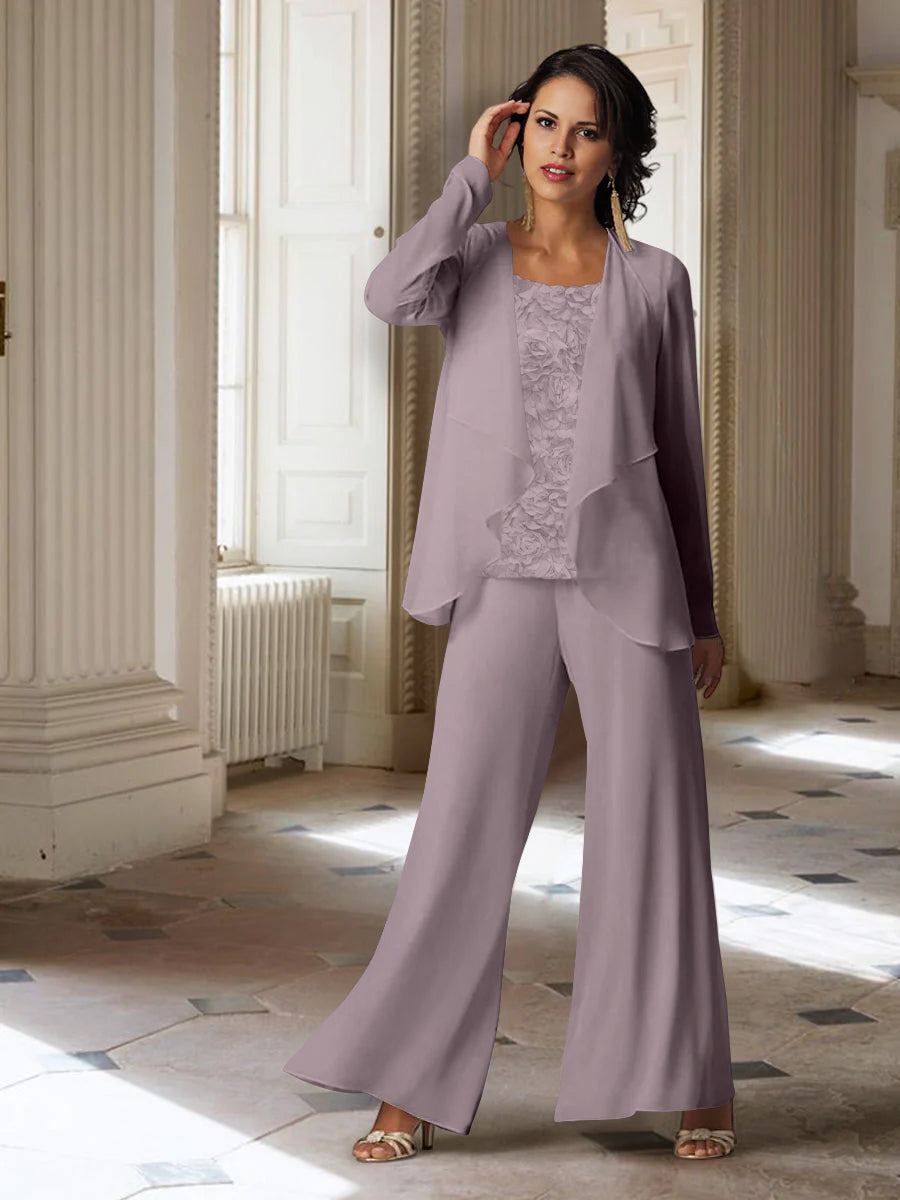 Tailleur-Pantalon en Mousseline à Manches Longues pour Mère de la Mariée avec Veste