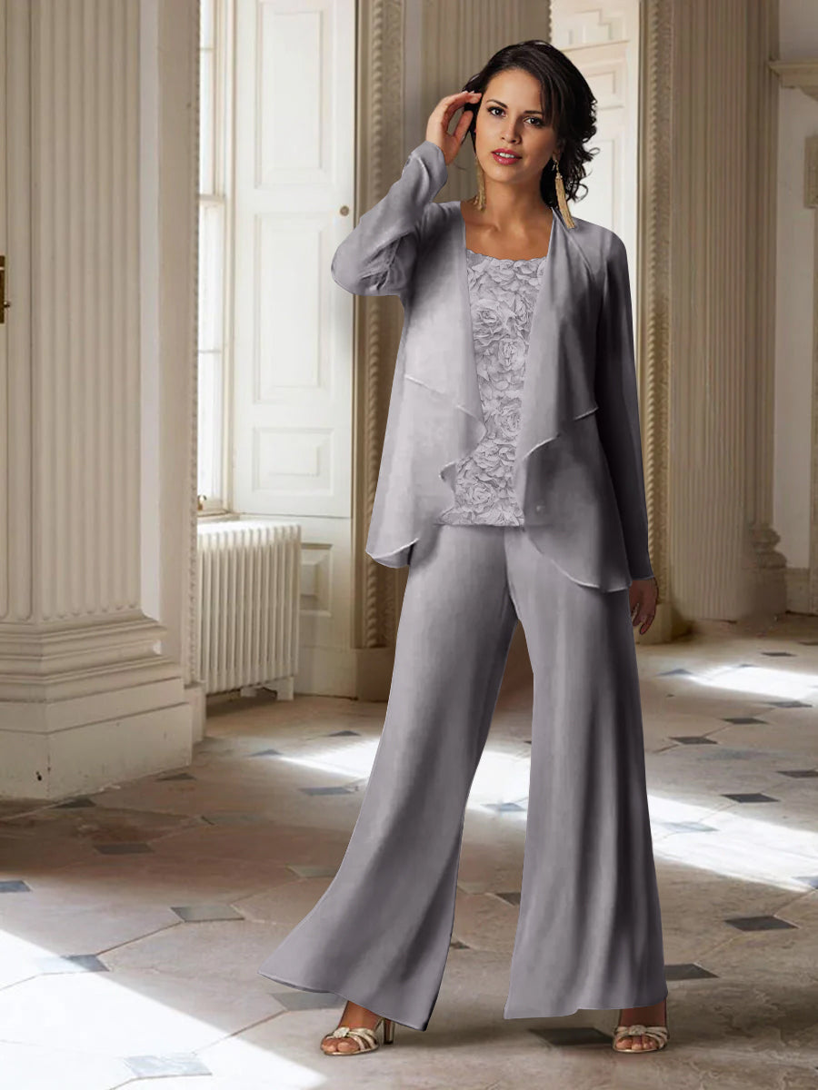 Tailleur-Pantalon en Mousseline à Manches Longues pour Mère de la Mariée avec Veste