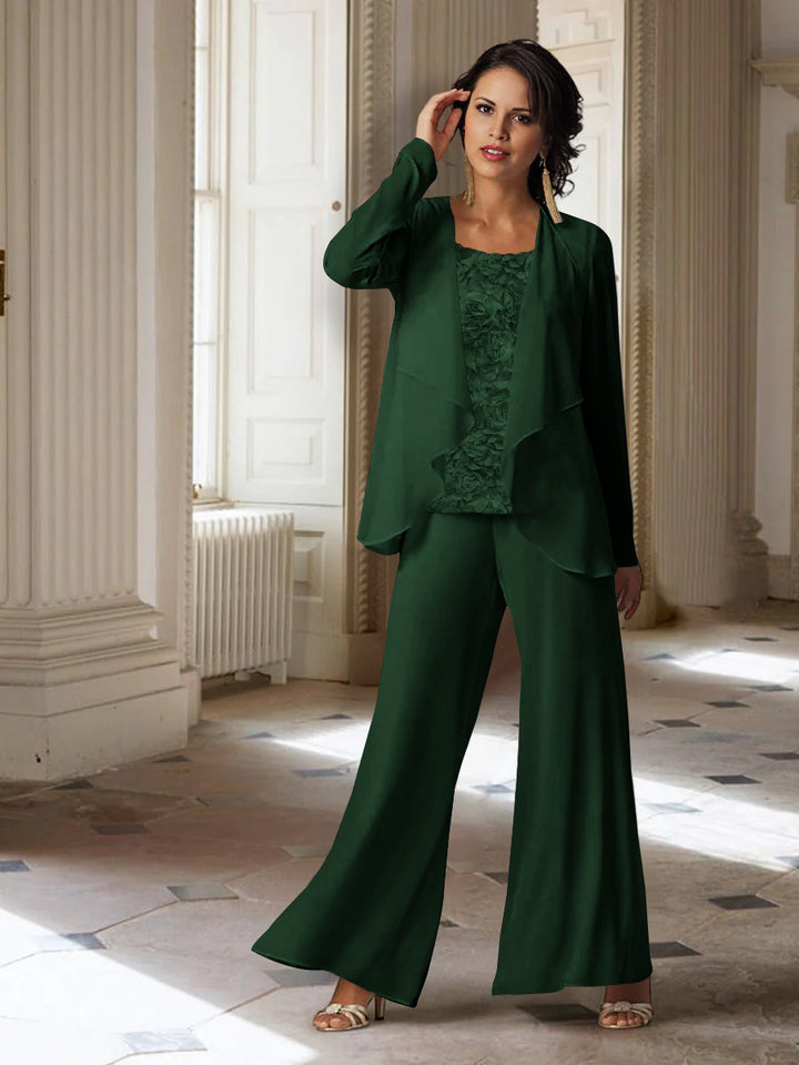 Tailleur-Pantalon en Mousseline à Manches Longues pour Mère de la Mariée avec Veste