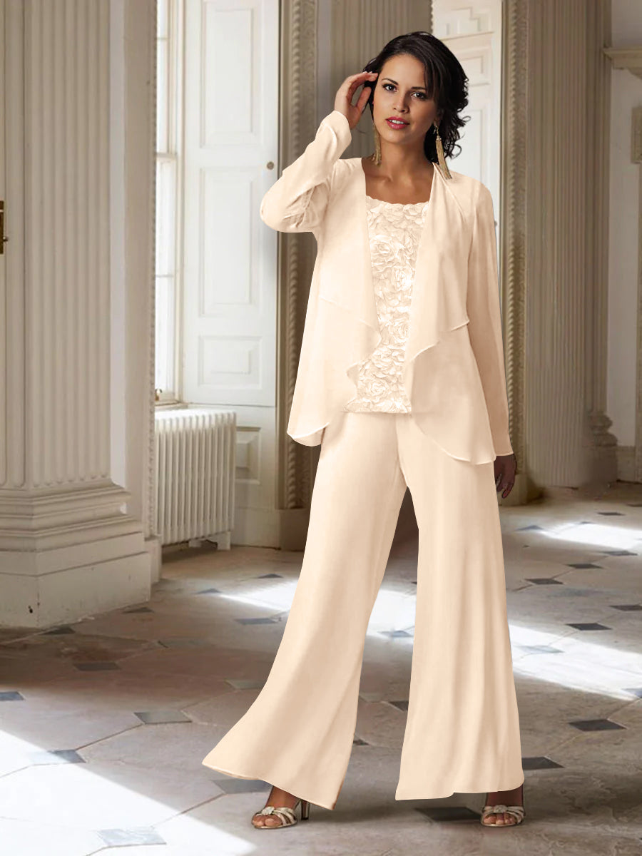 Tailleur-Pantalon en Mousseline à Manches Longues pour Mère de la Mariée avec Veste