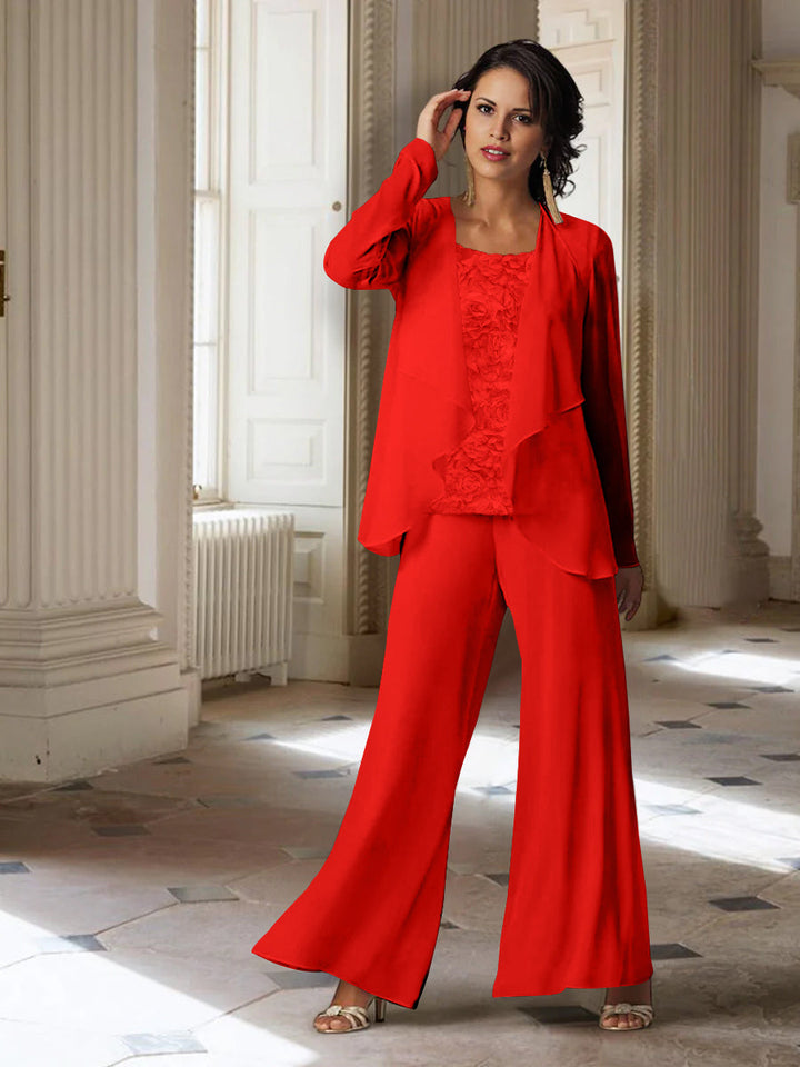 Tailleur-Pantalon en Mousseline à Manches Longues pour Mère de la Mariée avec Veste