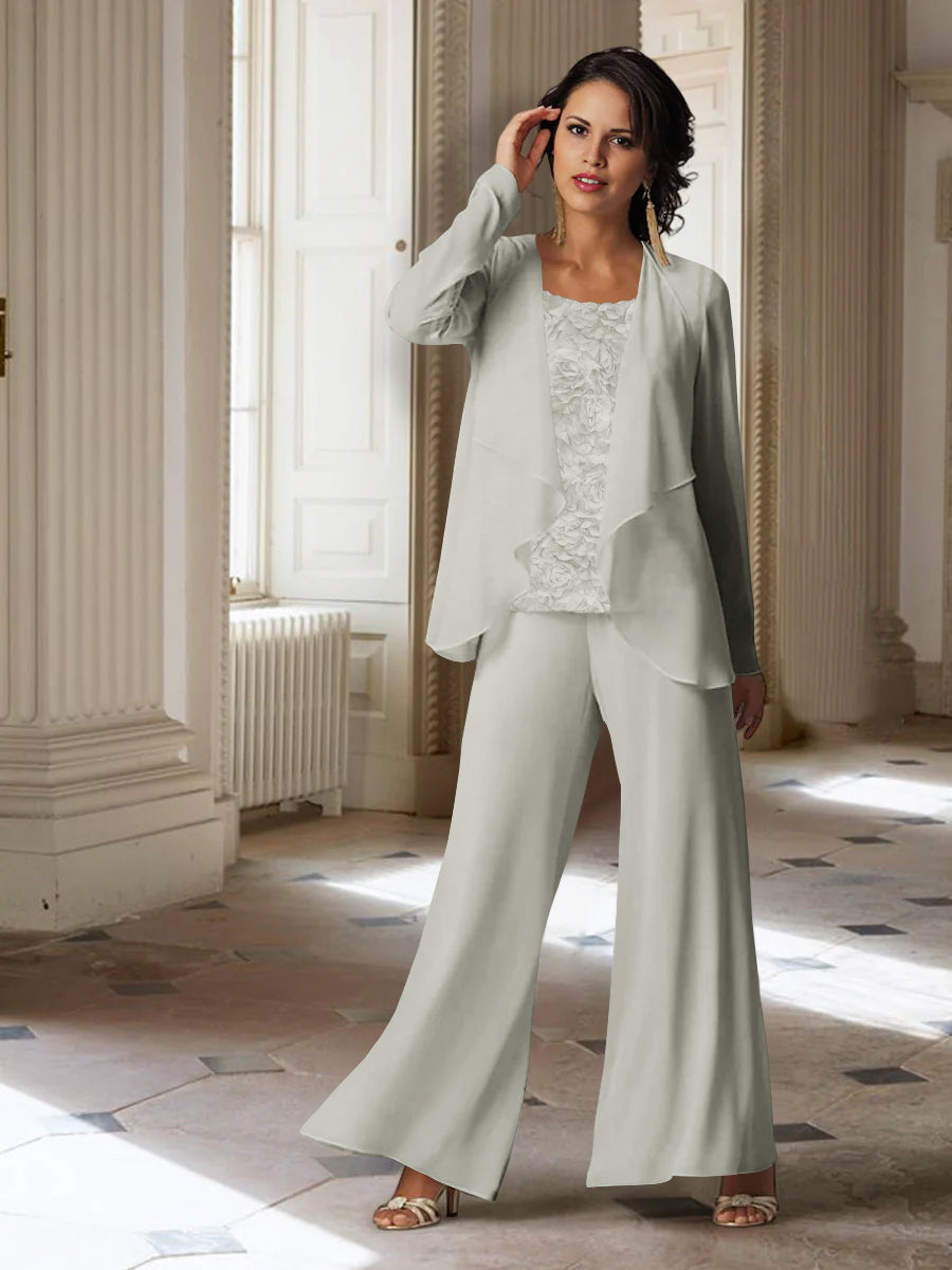 Tailleur-Pantalon en Mousseline à Manches Longues pour Mère de la Mariée avec Veste