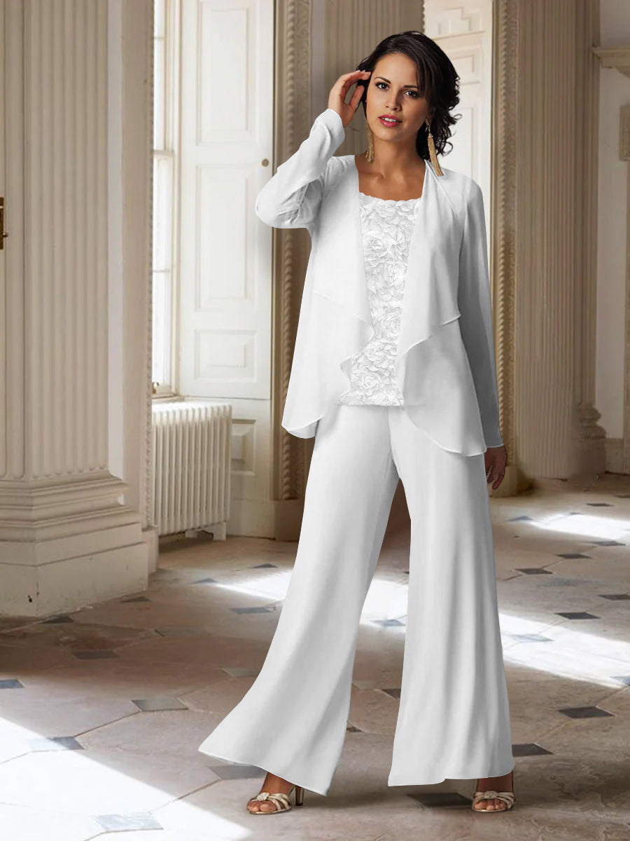 Tailleur-Pantalon en Mousseline à Manches Longues pour Mère de la Mariée avec Veste