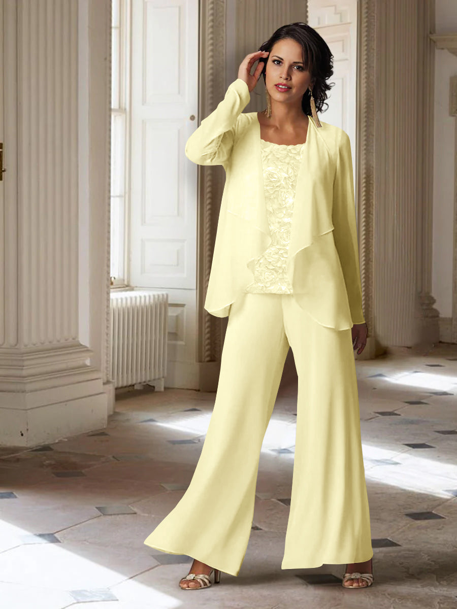 Tailleur-Pantalon en Mousseline à Manches Longues pour Mère de la Mariée avec Veste