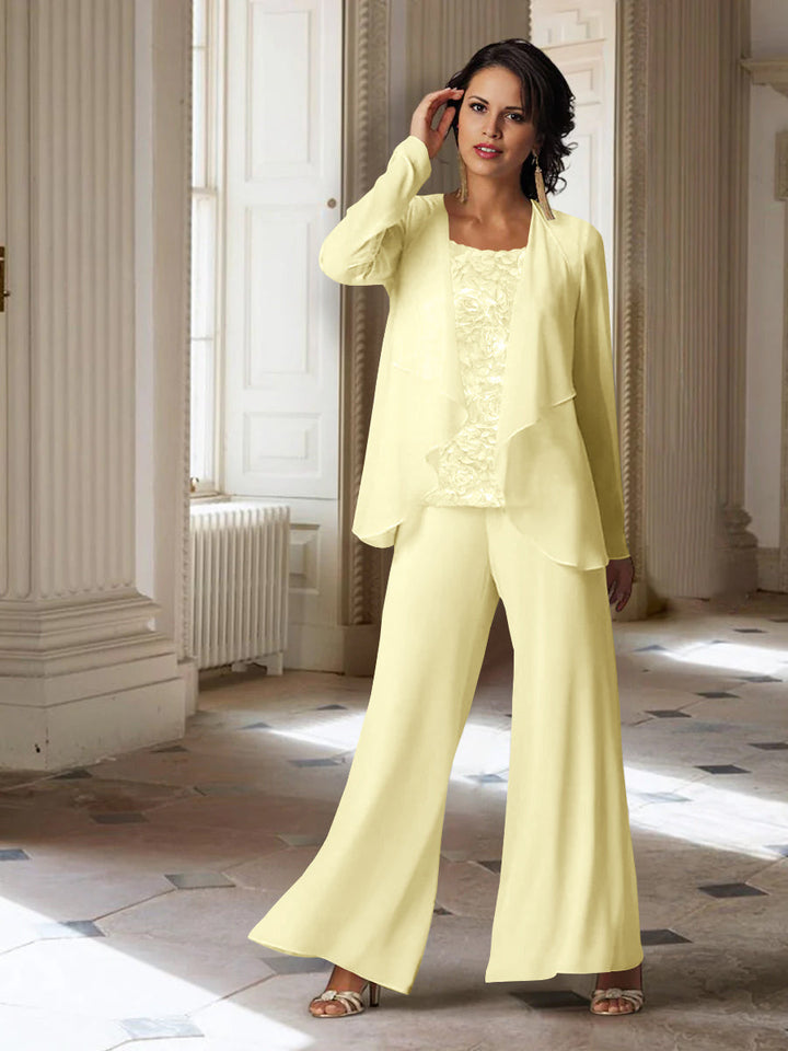 Tailleur-Pantalon en Mousseline à Manches Longues pour Mère de la Mariée avec Veste