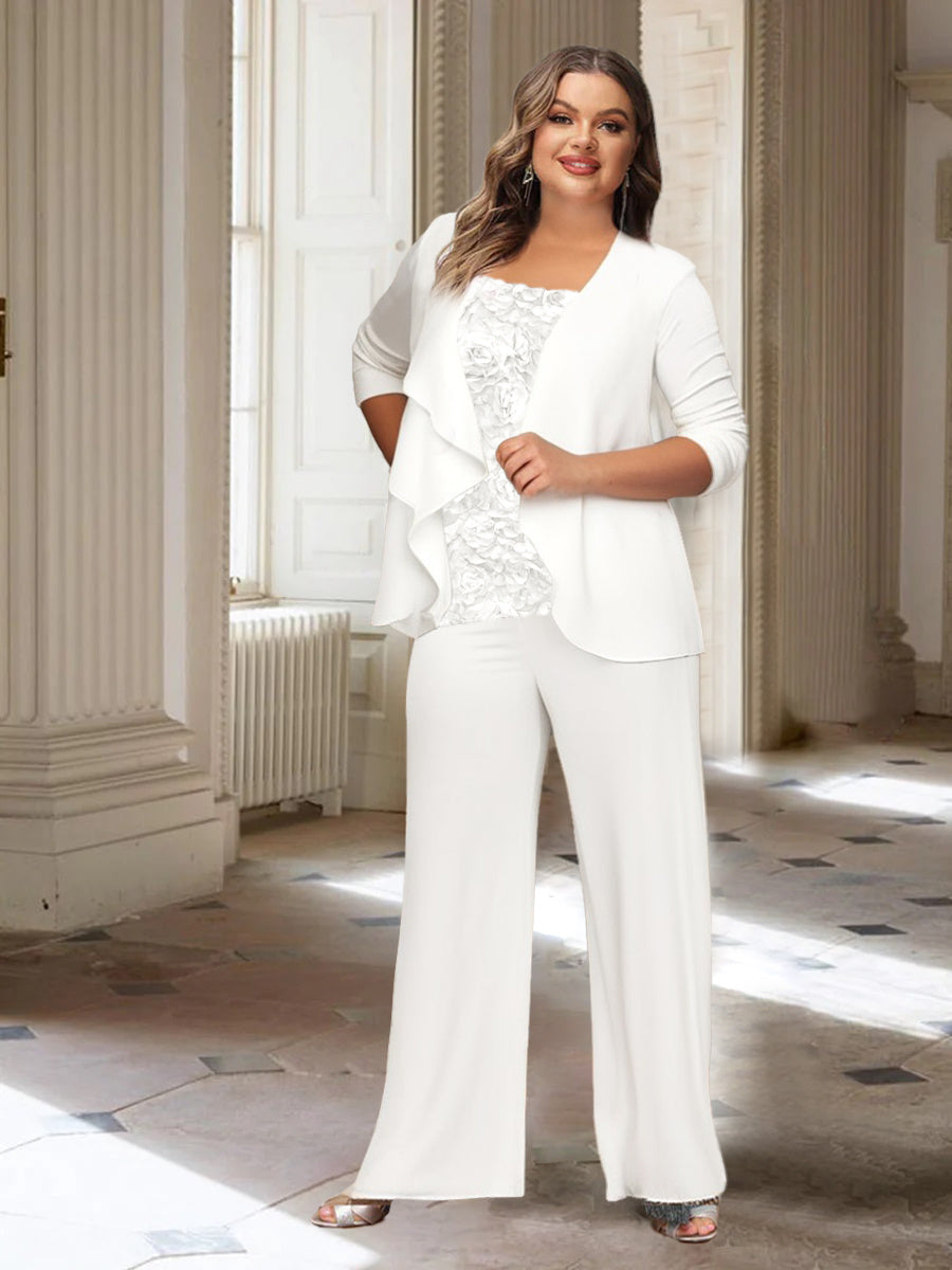 Tailleur-Pantalon en Mousseline de Soie à Manches Longues et Veste pour Mère de la Mariée Grande Taille