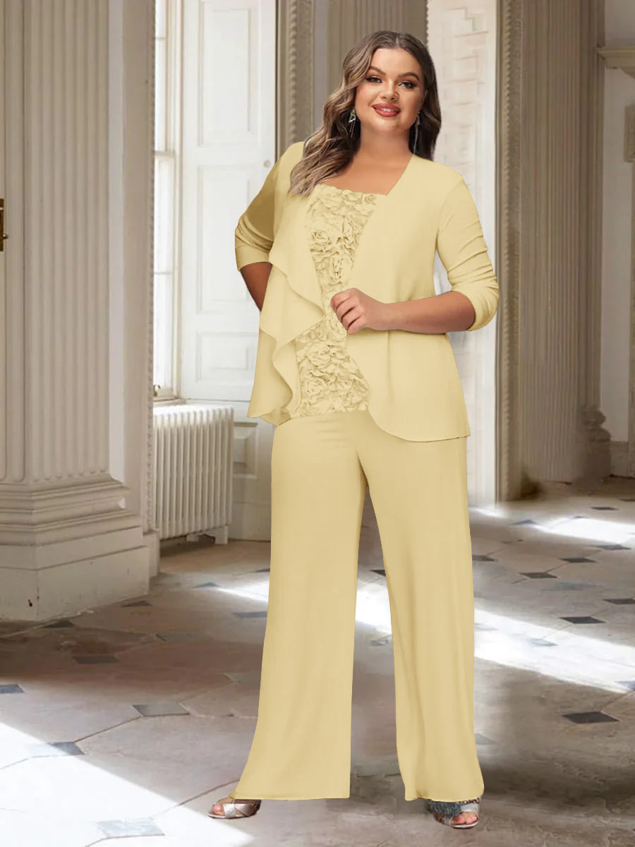 Tailleur-Pantalon en Mousseline de Soie à Manches Longues et Veste pour Mère de la Mariée Grande Taille