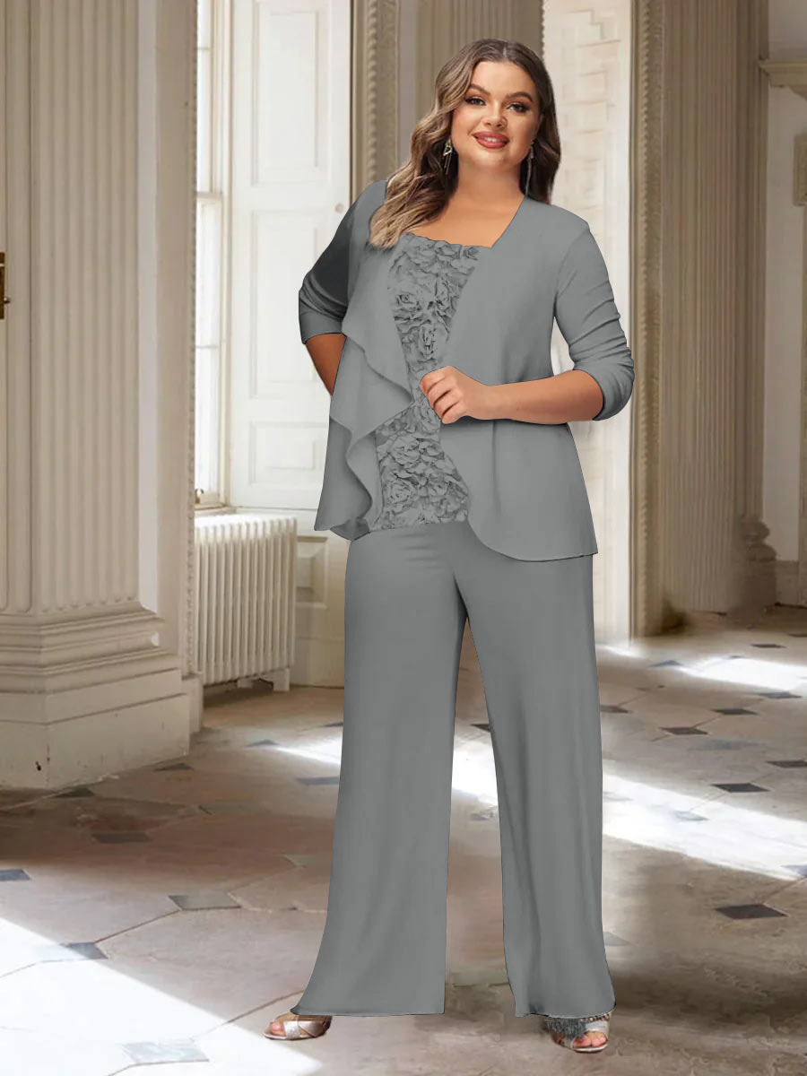 Tailleur-Pantalon en Mousseline de Soie à Manches Longues et Veste pour Mère de la Mariée Grande Taille