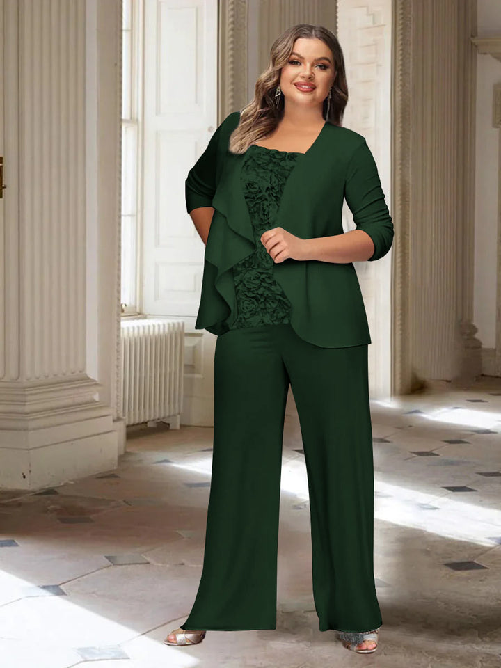 Tailleur-Pantalon en Mousseline de Soie à Manches Longues et Veste pour Mère de la Mariée Grande Taille