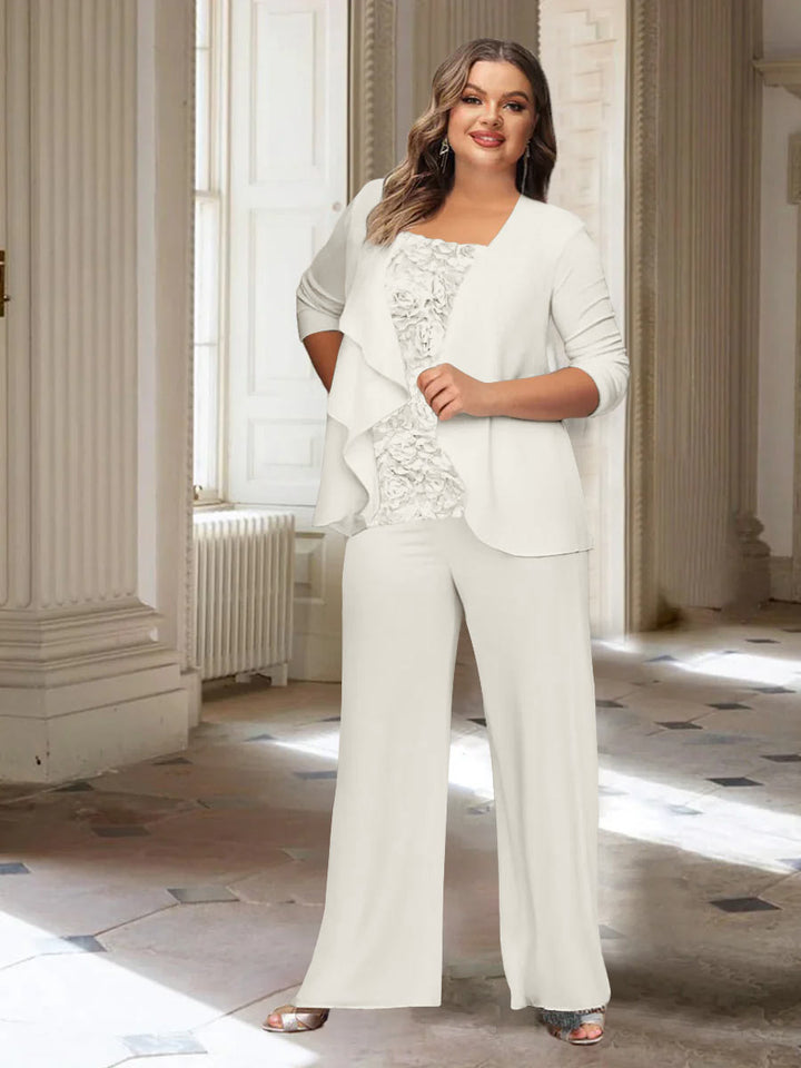 Tailleur-Pantalon en Mousseline de Soie à Manches Longues et Veste pour Mère de la Mariée Grande Taille