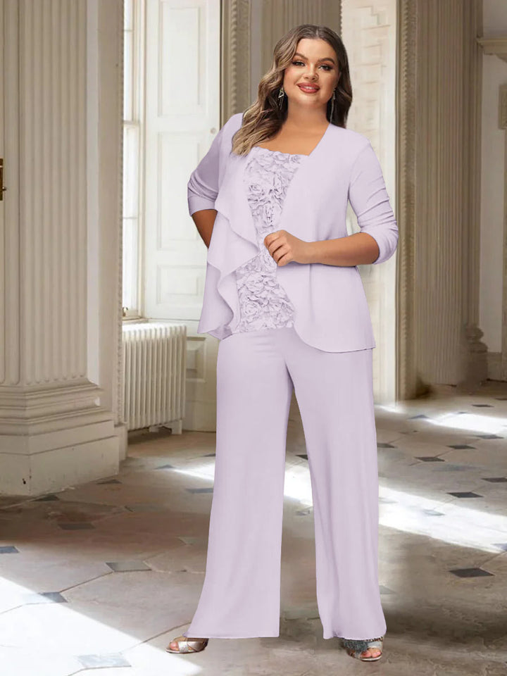 Tailleur-Pantalon en Mousseline de Soie à Manches Longues et Veste pour Mère de la Mariée Grande Taille