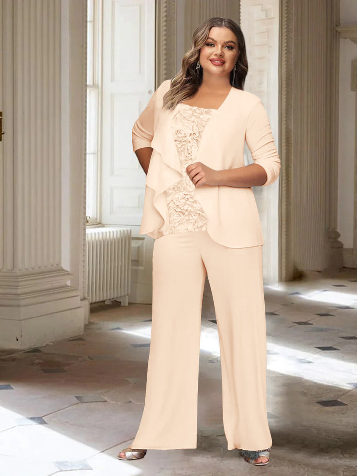 Tailleur-Pantalon en Mousseline de Soie à Manches Longues et Veste pour Mère de la Mariée Grande Taille