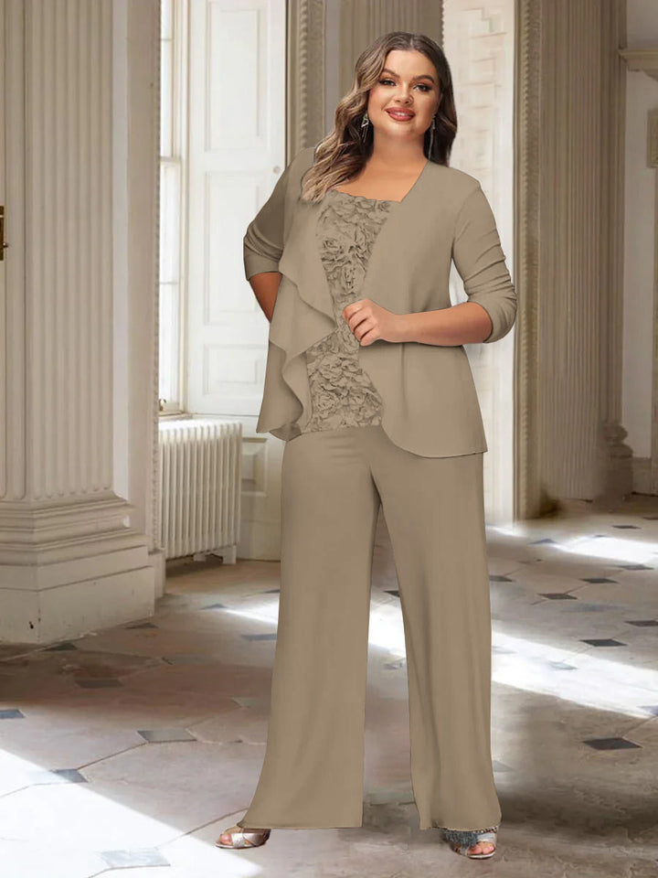 Tailleur-Pantalon en Mousseline de Soie à Manches Longues et Veste pour Mère de la Mariée Grande Taille