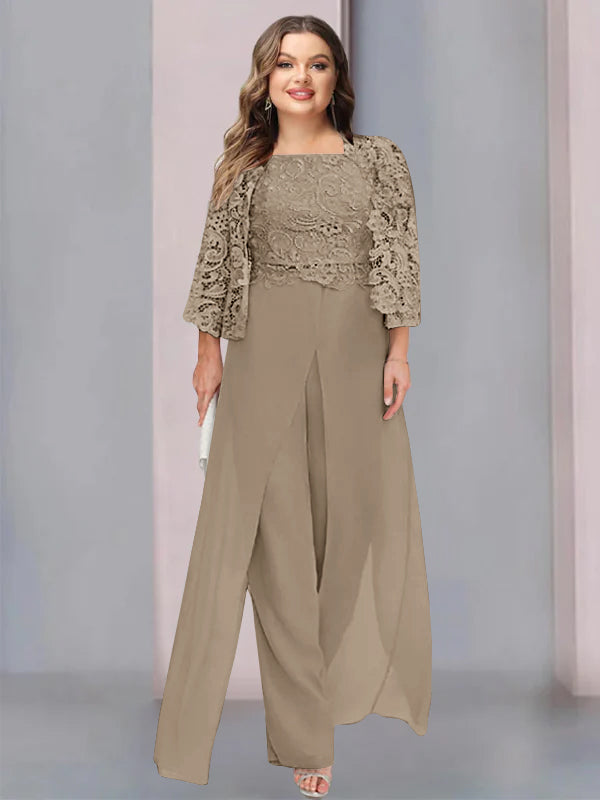 Tailleur-Pantalon en Mousseline à Col Carré et Longueur Au Sol pour Mère de la Mariée, Grande Taille, avec Veste et Fente Sur le Côté