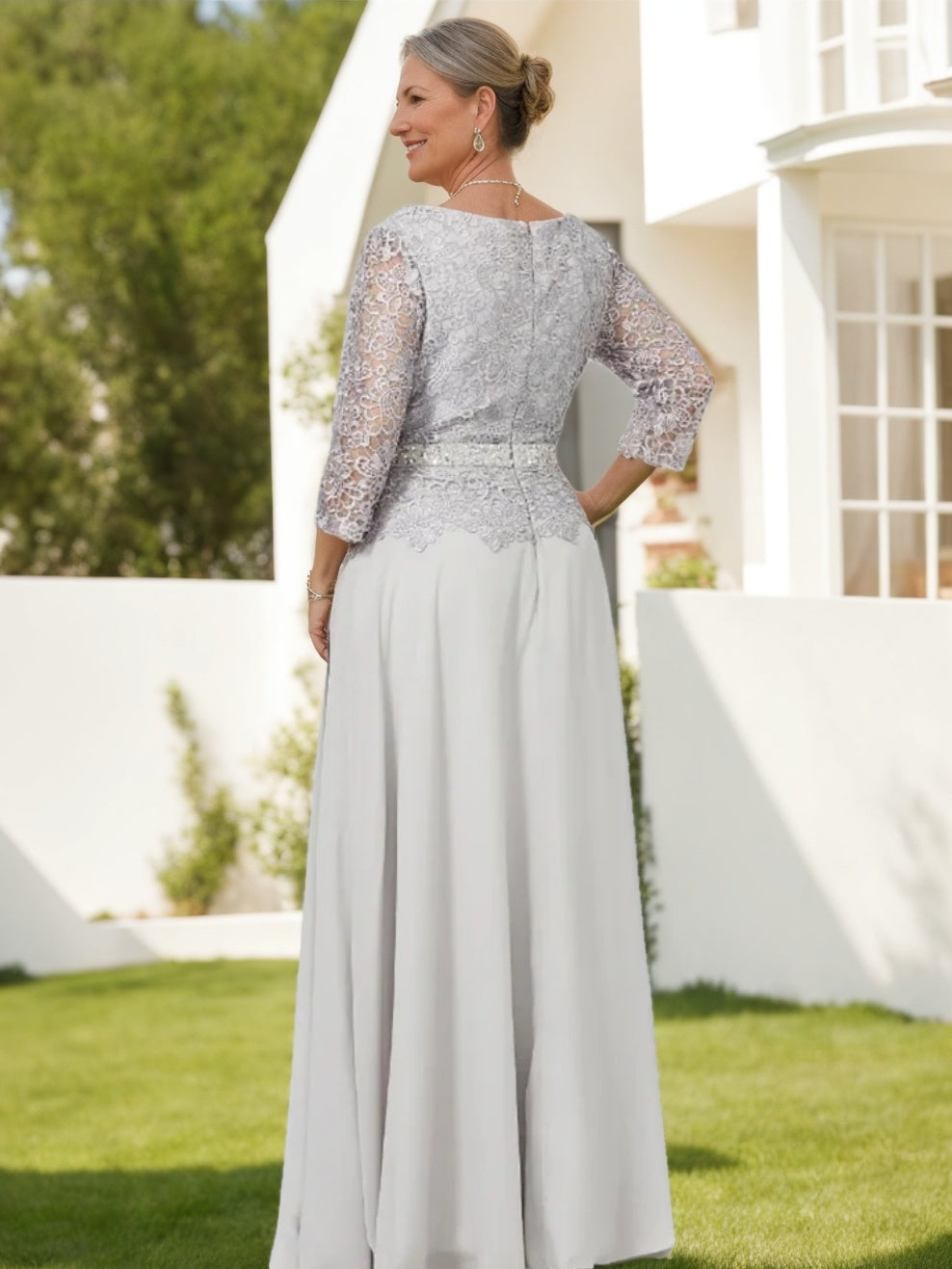 Robe de Mère de la Mariée Coupe A-Line/Princess, Col Rond, Manches 3/4, Longueur Au Sol, avec Appliques et Paillettes
