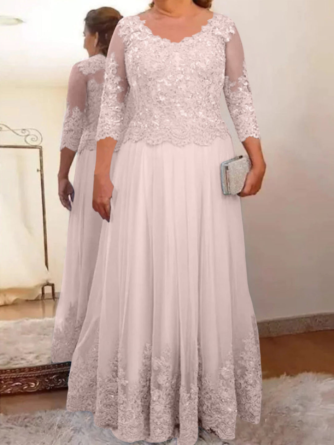 Robe de Mère de la Mariée Coupe A-Line/Princess, Col Transparent, Manches 3/4, Longueur Au Sol, avec Appliques