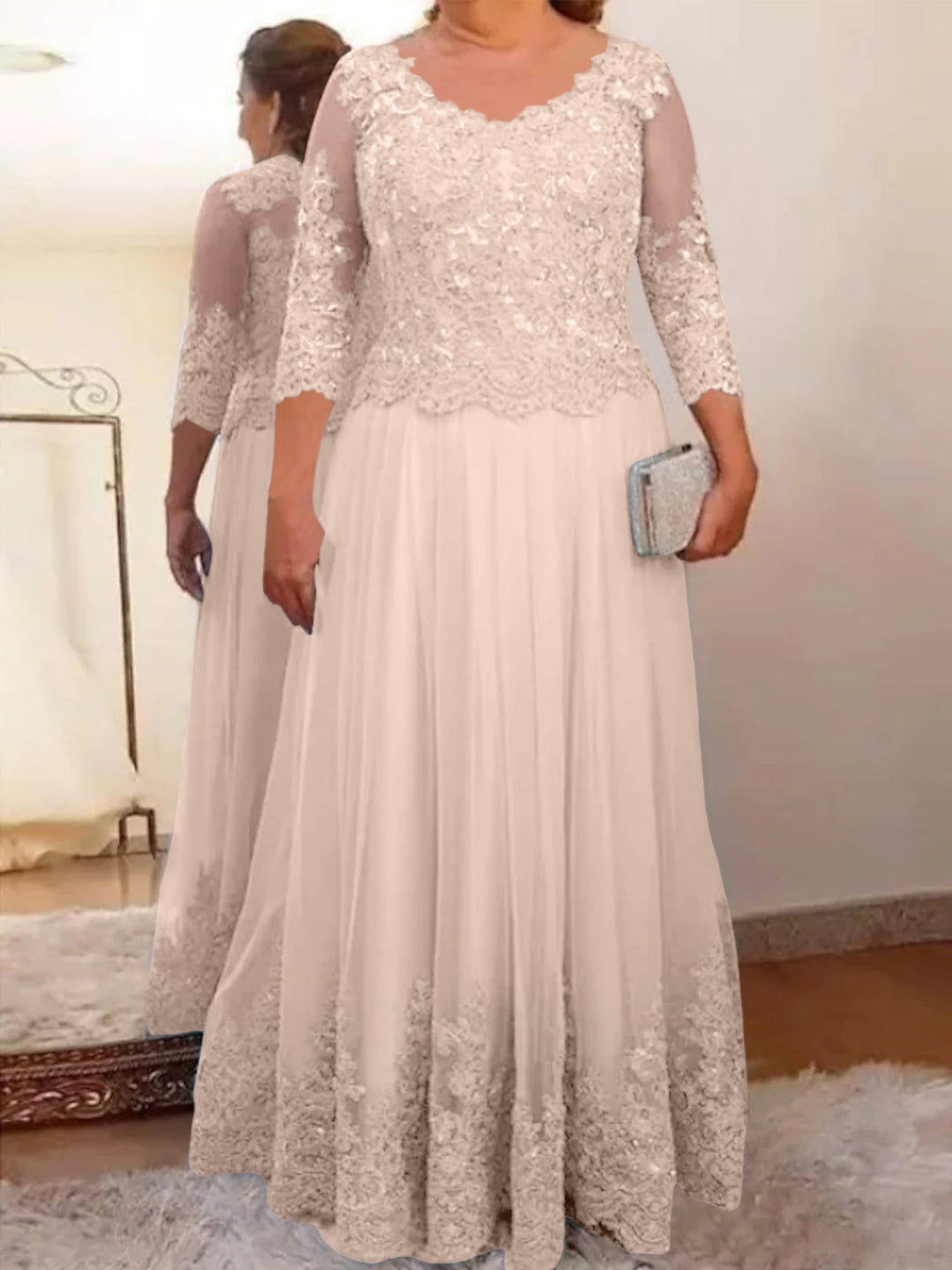 Robe de Mère de la Mariée Coupe A-Line/Princess, Col Transparent, Manches 3/4, Longueur Au Sol, avec Appliques
