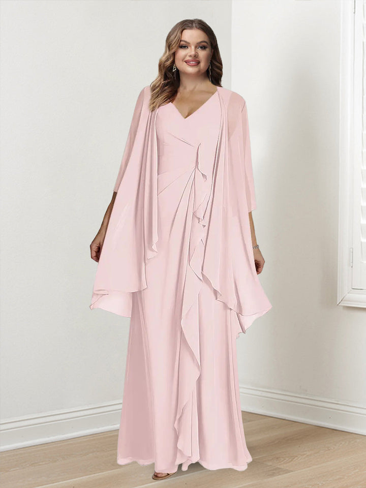 Robe de Mère de la Mariée Grande Taille à Col en V Sans Manches, Longueur Au Sol, avec Enveloppes