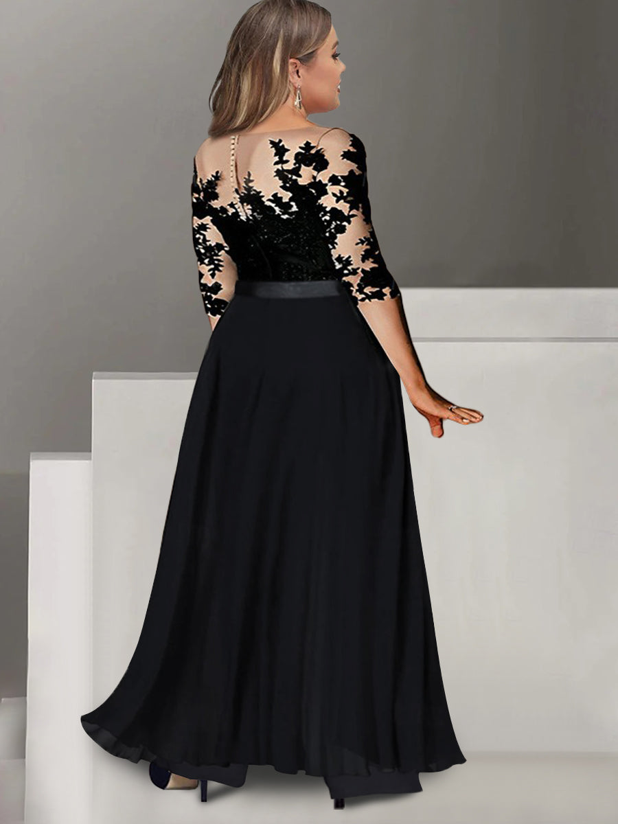 Tailleur-Pantalon pour Mère de la Mariée Grande Taille, Coupe A-Line/Princess, Col Bijou, Manches 3/4, Longueur Au Sol, avec Appliques