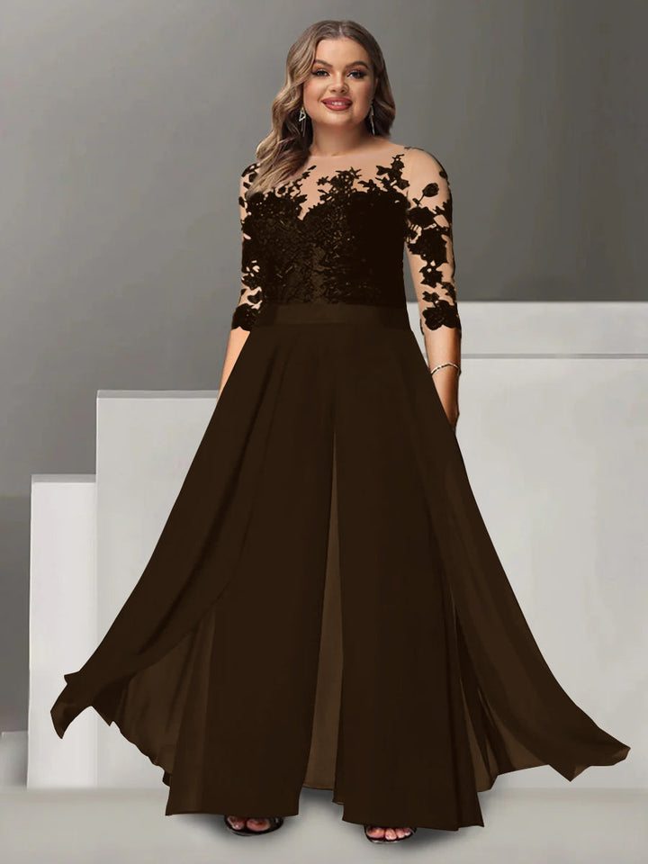 Tailleur-Pantalon pour Mère de la Mariée Grande Taille, Coupe A-Line/Princess, Col Bijou, Manches 3/4, Longueur Au Sol, avec Appliques