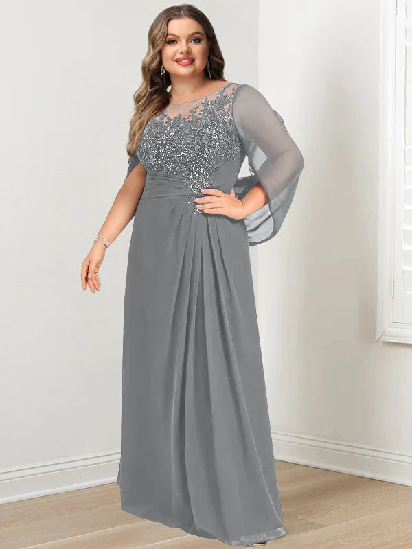 Robe de Mère de la Mariée Grande Taille, Coupe A-Line/Princess, Longueur Au Sol, avec Plis et Paillettes