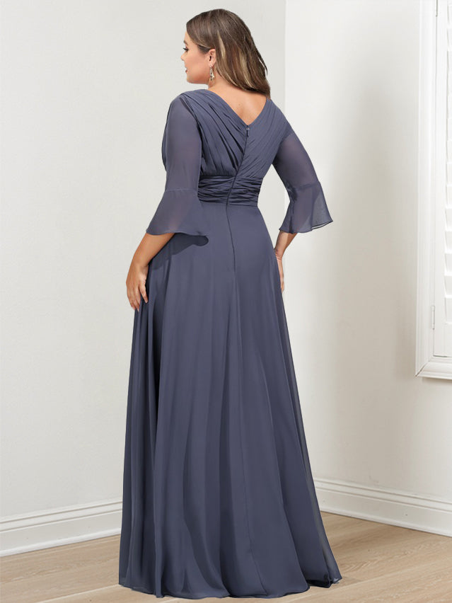 Robe de Mère de la Mariée Asymétrique Grande Taille à Volants, Coupe A-Line/Princess, Col en V, Manches 3/4