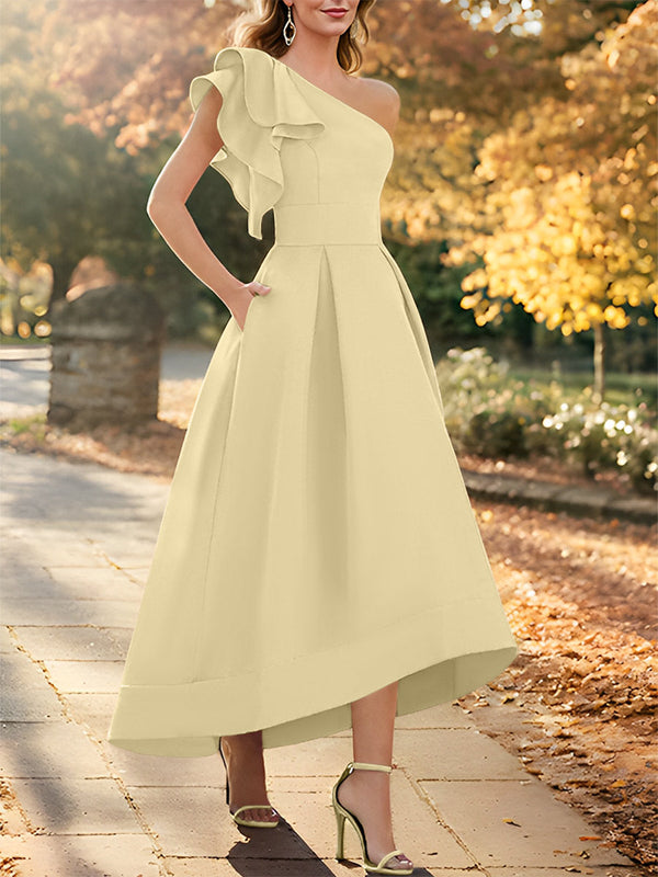 Robe de Mère de la Mariée Asymétrique Sans Manches à Une Épaule et Coupe Princesse avec Volants