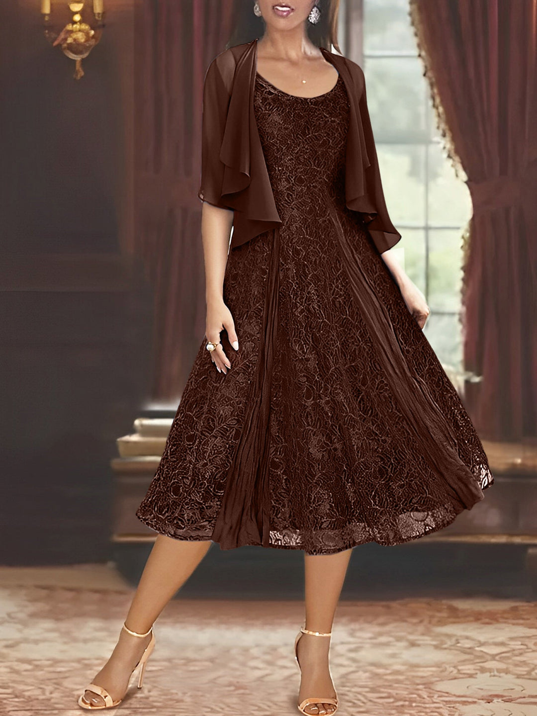 Robe de Mère de la Mariée Coupe A-Line/Princess à Manches Mi-Longues et Décolleté Plongeant avec Appliques et châle