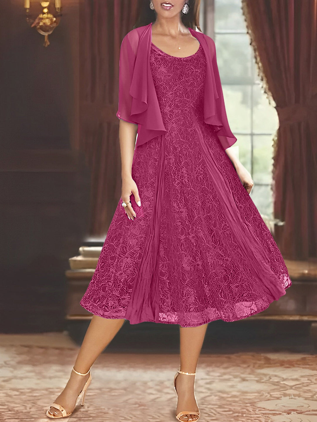 Robe de Mère de la Mariée Coupe A-Line/Princess à Manches Mi-Longues et Décolleté Plongeant avec Appliques et châle