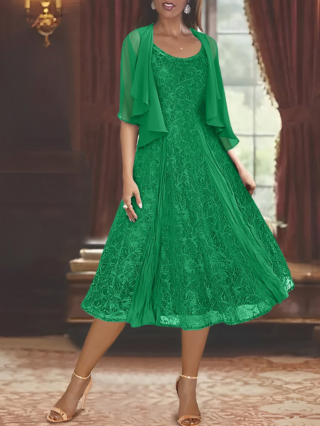 Robe de Mère de la Mariée Coupe A-Line/Princess à Manches Mi-Longues et Décolleté Plongeant avec Appliques et châle