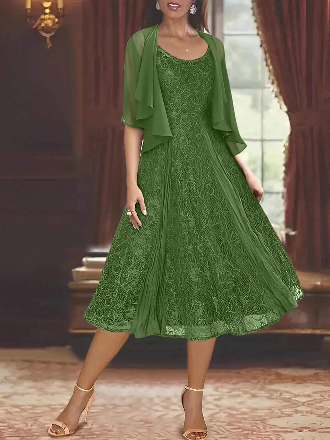 Robe de Mère de la Mariée Coupe A-Line/Princess à Manches Mi-Longues et Décolleté Plongeant avec Appliques et châle