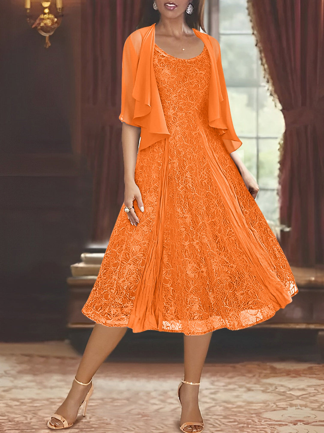 Robe de Mère de la Mariée Coupe A-Line/Princess à Manches Mi-Longues et Décolleté Plongeant avec Appliques et châle