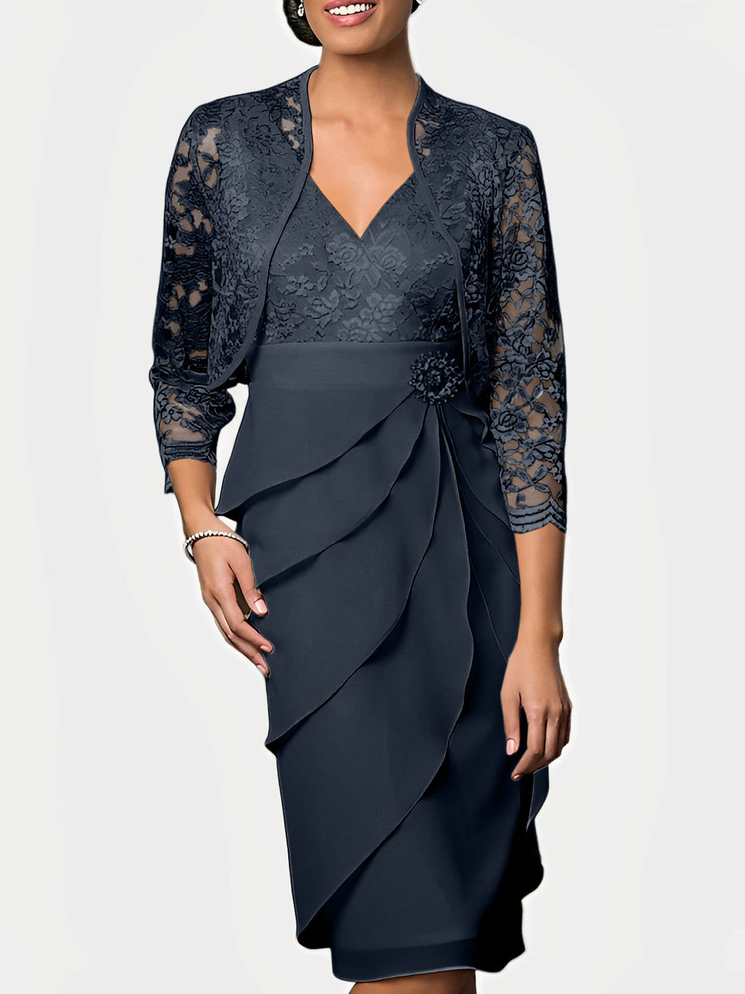 Robes de Mère de la Mariée Fourreau/Colonne à Col en V et Longueur Genou