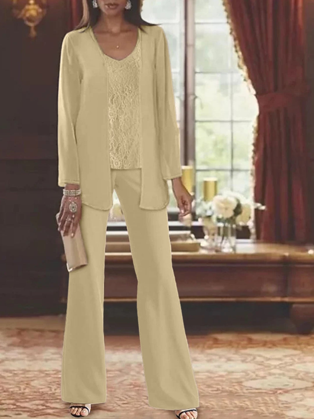 Tailleur-Pantalon en Mousseline de Soie avec Veste pour Mère de la Mariée